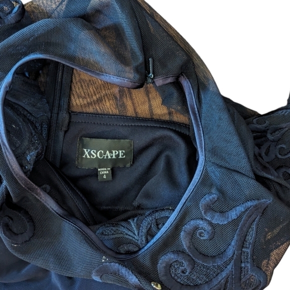 New XSCAPE navy Dress knit party dress illusion Lace neckline long sleeves sz 4 - Picture 8 of 11